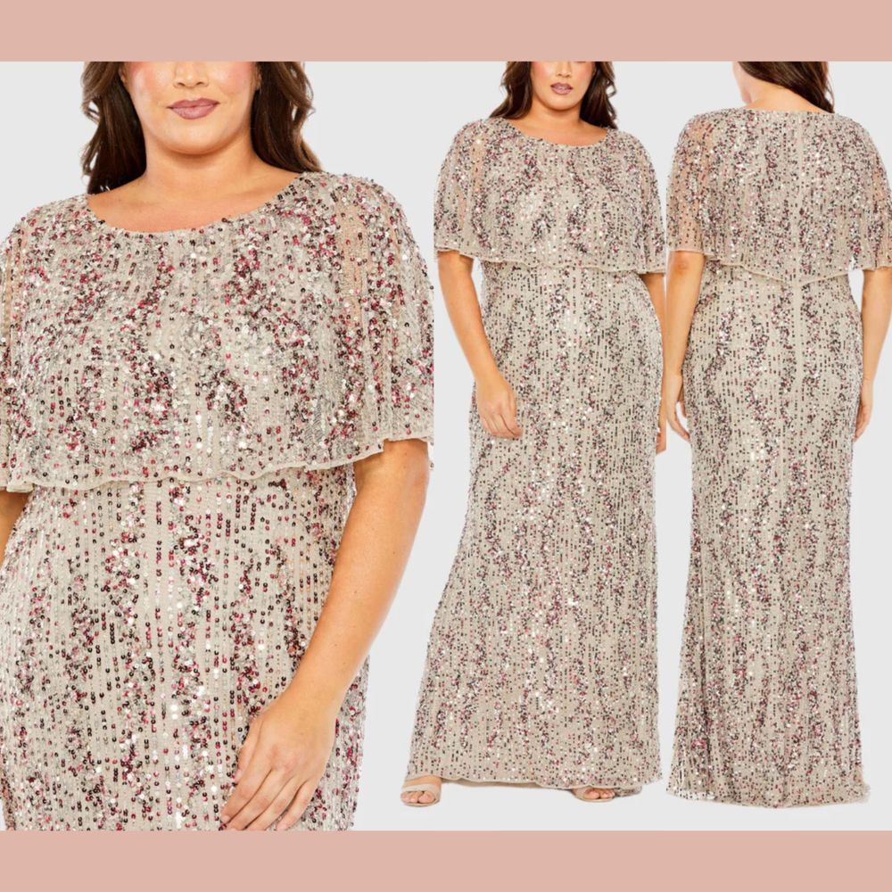 NWT $698 MAC DUGGAL [ 18W ] 93867 High Neck Column Gown with Cape‎ Taupe